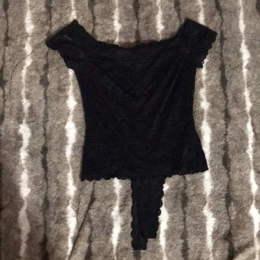 Black stretch lace bodysuit.
